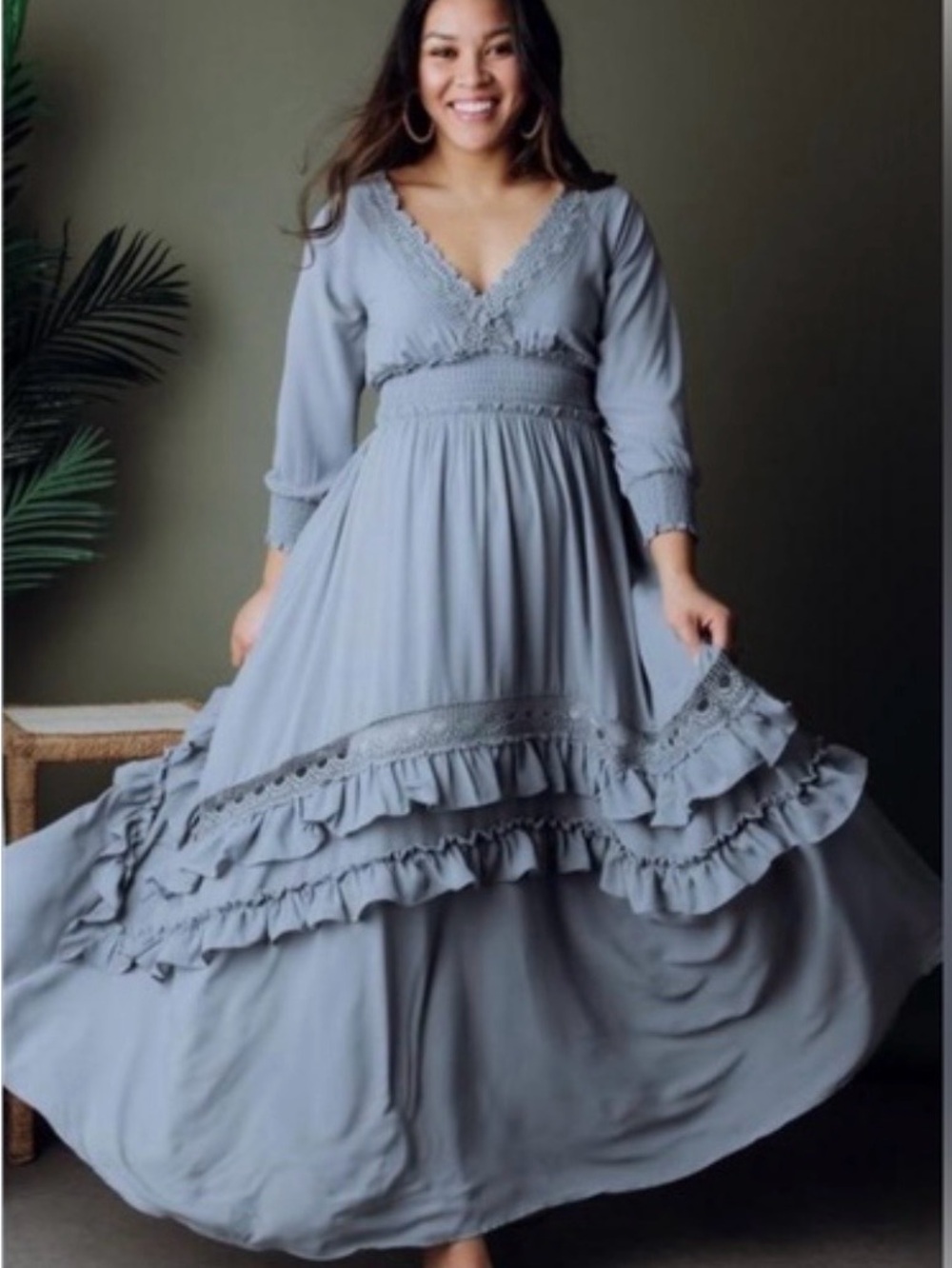 Baltic Born Pippa Dusty Blue Ruffle Lace-Trim Maxi Dress